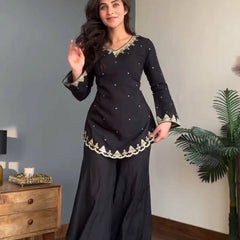 Women's Embroidered Silk Crepe Kurti Palazzo Set With Dupatta