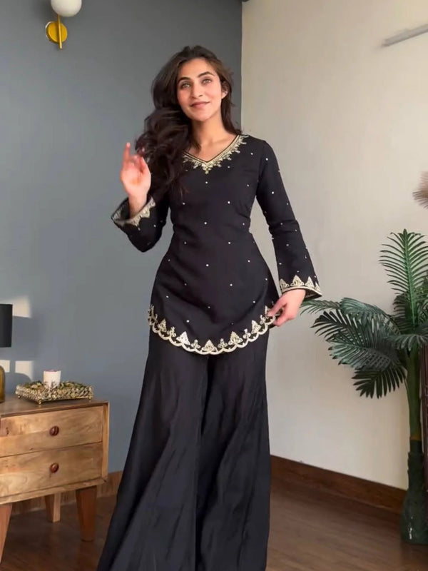 Women's Embroidered Silk Crepe Kurti Palazzo Set With Dupatta