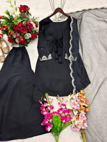 Women's Embroidered Silk Crepe Kurti Palazzo Set With Dupatta