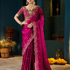 Women's Traditional Party Wear Silk Saree with Embroidered Blouse & Hand Work Lace Border