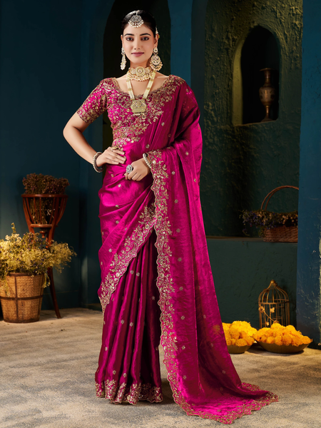 Women's Traditional Party Wear Silk Saree with Embroidered Blouse & Hand Work Lace Border