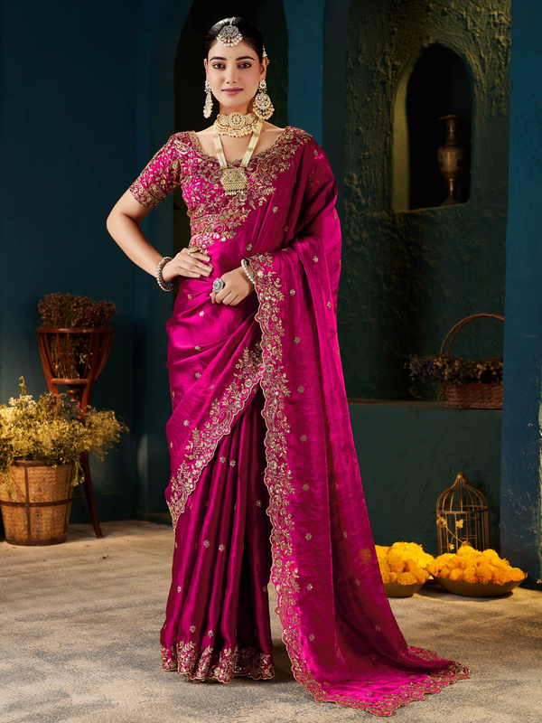 Women's Traditional Party Wear Silk Saree with Embroidered Blouse & Hand Work Lace Border