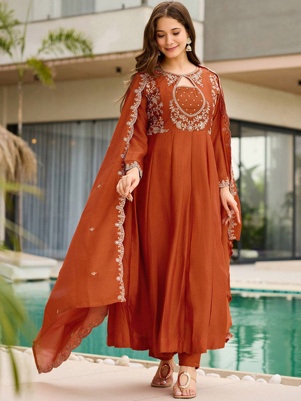 Women's Embroidered Vichitra Suit Set With Dupatta