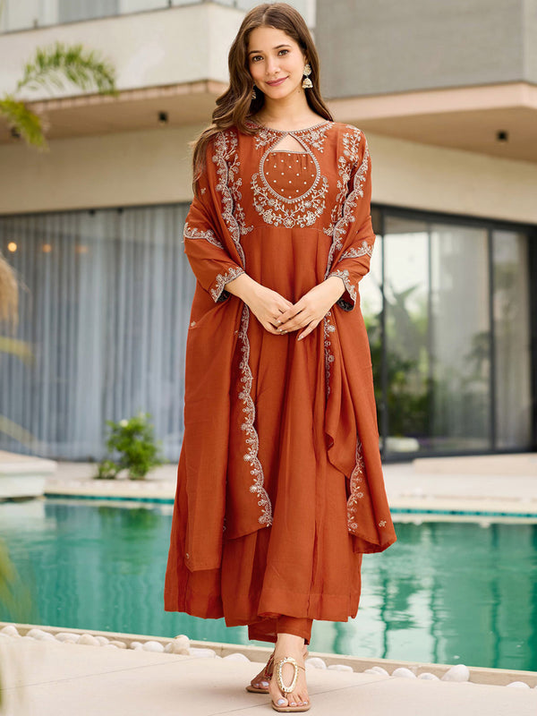 Women's Embroidered Vichitra Suit Set With Dupatta