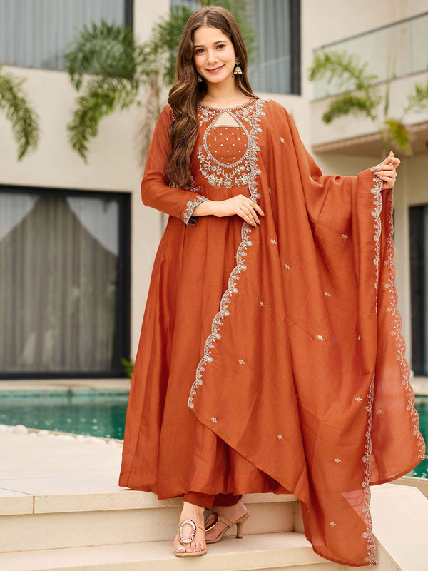 Women's Embroidered Vichitra Suit Set With Dupatta