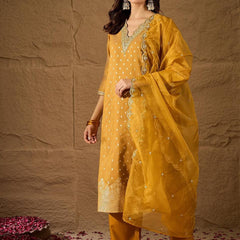 Women's Chanderi Silk Kurta Pant Set With Organza Dupatta