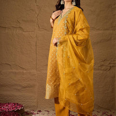 Women's Chanderi Silk Kurta Pant Set With Organza Dupatta