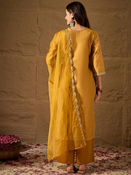 Women's Chanderi Silk Kurta Pant Set With Organza Dupatta