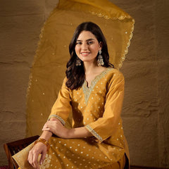 Women's Chanderi Silk Kurta Pant Set With Organza Dupatta