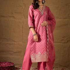 Women's Chanderi Silk Kurta Pant Set With Organza Dupatta