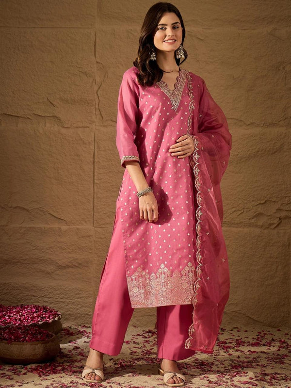 Women's Chanderi Silk Kurta Pant Set With Organza Dupatta