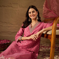 Women's Chanderi Silk Kurta Pant Set With Organza Dupatta