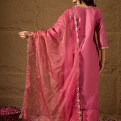 Women's Chanderi Silk Kurta Pant Set With Organza Dupatta