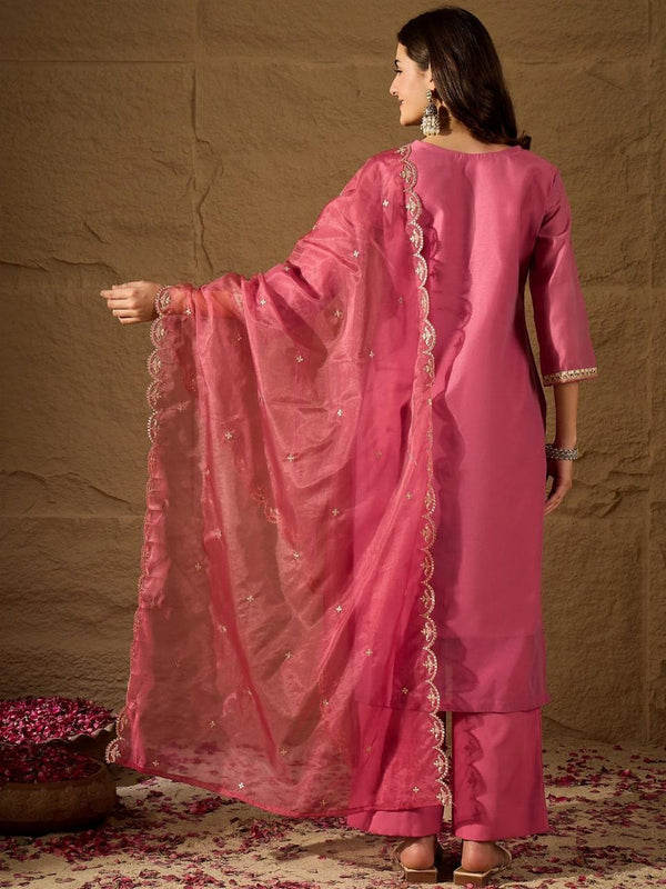 Women's Chanderi Silk Kurta Pant Set With Organza Dupatta