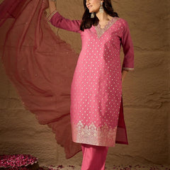Women's Chanderi Silk Kurta Pant Set With Organza Dupatta