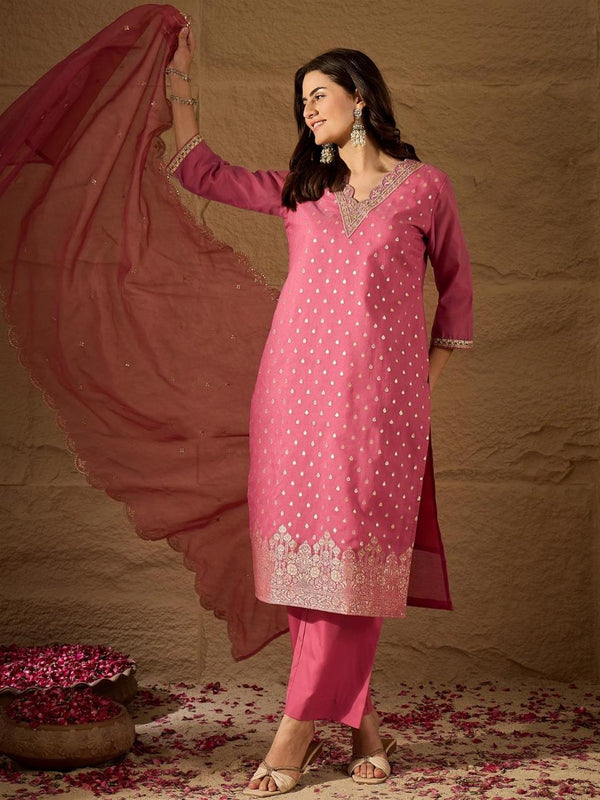 Women's Chanderi Silk Kurta Pant Set With Organza Dupatta