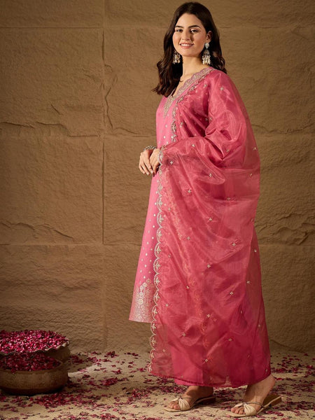 Women's Chanderi Silk Kurta Pant Set With Organza Dupatta