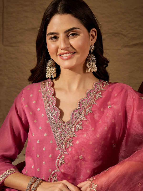 Women's Chanderi Silk Kurta Pant Set With Organza Dupatta