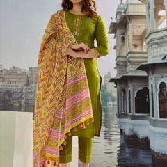 Women's Muslin Cotton Embroidered Kurta Pant & Chanderi Cotton Dupatta Set