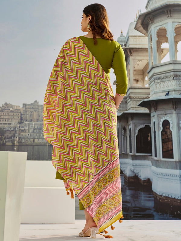 Women's Muslin Cotton Embroidered Kurta Pant & Chanderi Cotton Dupatta Set