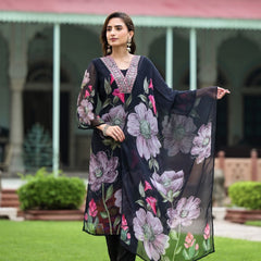 Women's Georgette Printed & Embroidered Kurta with Roman Silk Pant & Printed Dupatta Set