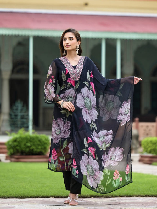 Women's Georgette Printed & Embroidered Kurta with Roman Silk Pant & Printed Dupatta Set