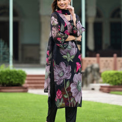 Women's Georgette Printed & Embroidered Kurta with Roman Silk Pant & Printed Dupatta Set