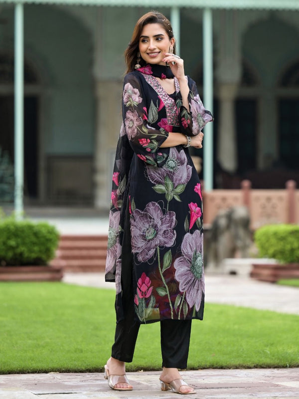 Women's Georgette Printed & Embroidered Kurta with Roman Silk Pant & Printed Dupatta Set