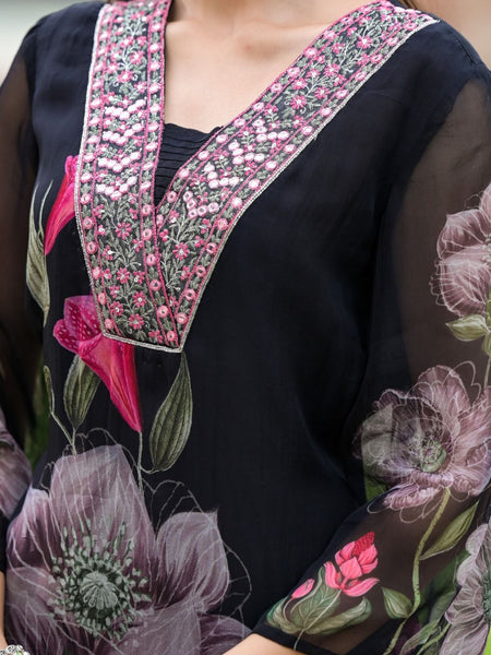 Women's Georgette Printed & Embroidered Kurta with Roman Silk Pant & Printed Dupatta Set