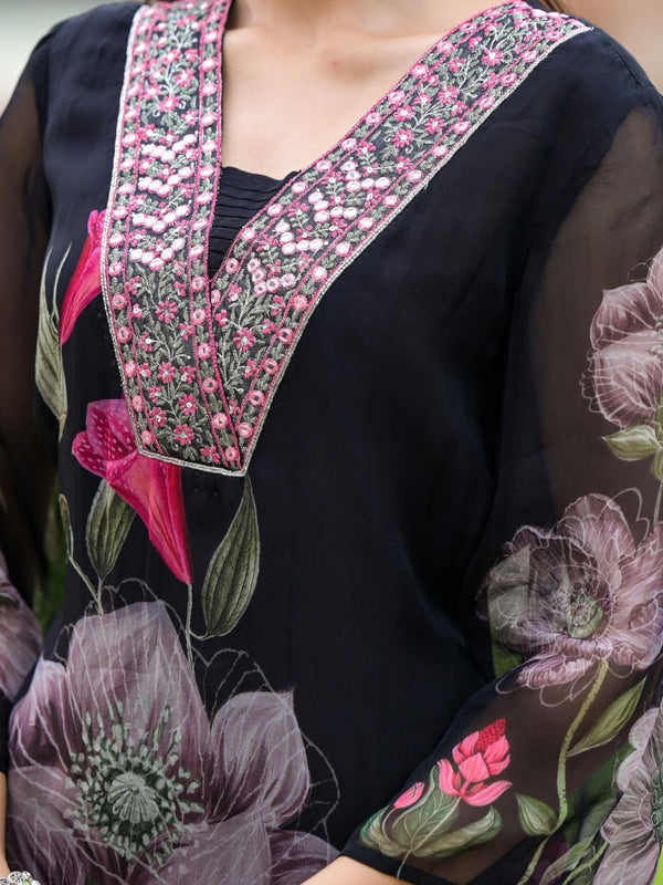 Women's Georgette Printed & Embroidered Kurta with Roman Silk Pant & Printed Dupatta Set