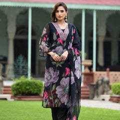 Women's Georgette Printed & Embroidered Kurta with Roman Silk Pant & Printed Dupatta Set