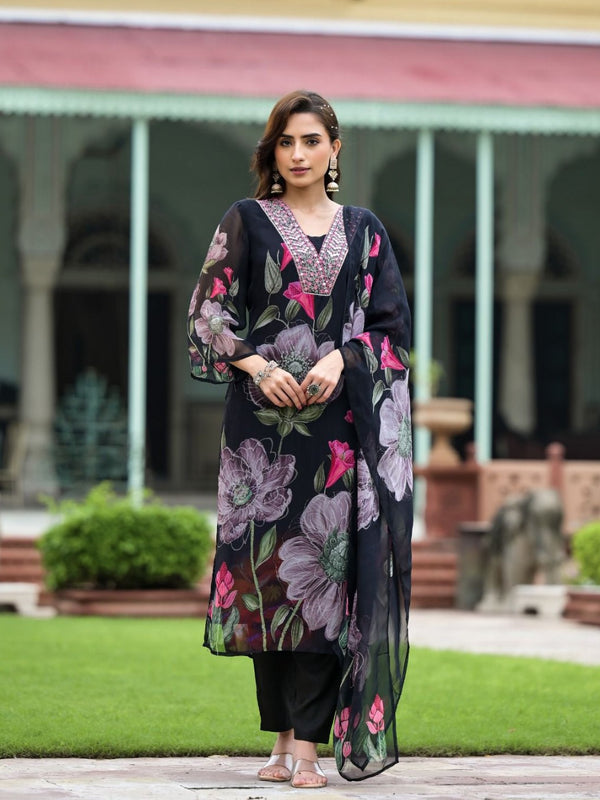 Women's Georgette Printed & Embroidered Kurta with Roman Silk Pant & Printed Dupatta Set