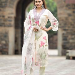 Women's Georgette Printed & Embroidered Kurta with Roman Silk Pant & Printed Dupatta Set