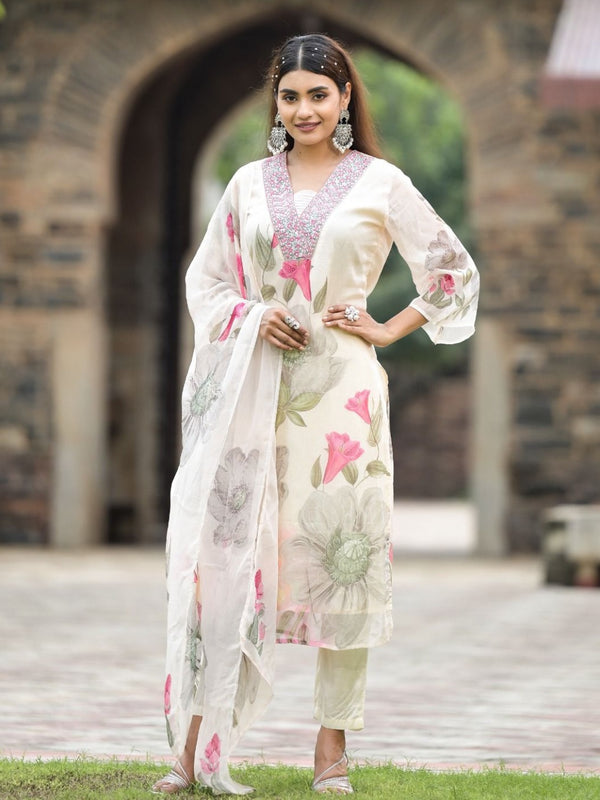 Women's Georgette Printed & Embroidered Kurta with Roman Silk Pant & Printed Dupatta Set