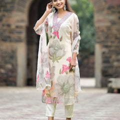 Women's Georgette Printed & Embroidered Kurta with Roman Silk Pant & Printed Dupatta Set