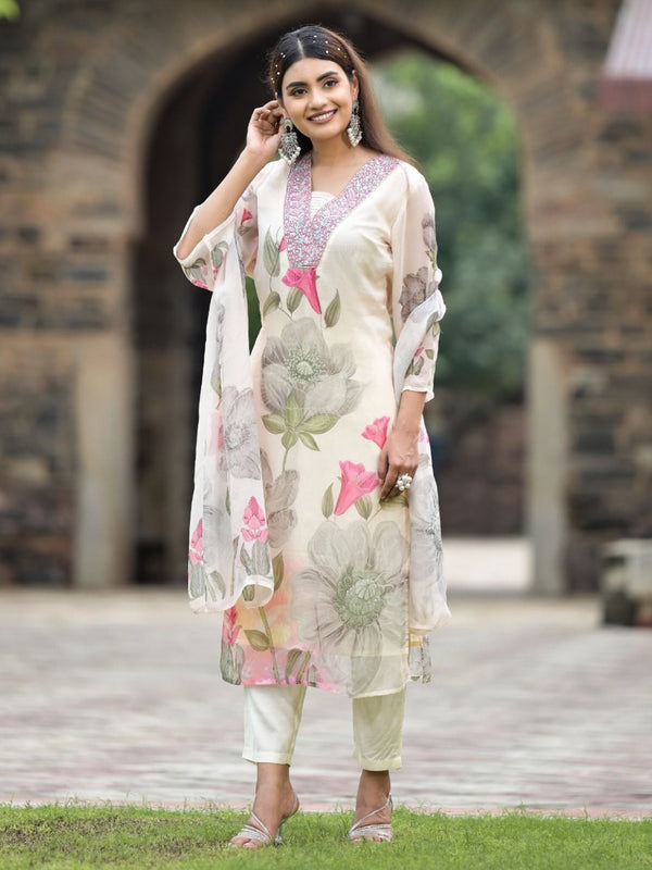 Women's Georgette Printed & Embroidered Kurta with Roman Silk Pant & Printed Dupatta Set