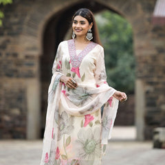 Women's Georgette Printed & Embroidered Kurta with Roman Silk Pant & Printed Dupatta Set