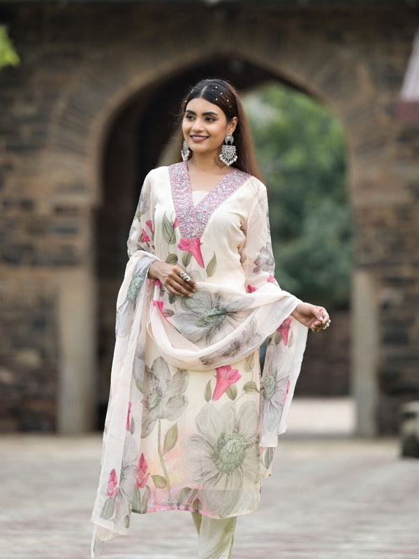 Women's Georgette Printed & Embroidered Kurta with Roman Silk Pant & Printed Dupatta Set