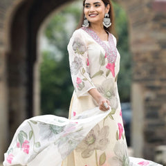 Women's Georgette Printed & Embroidered Kurta with Roman Silk Pant & Printed Dupatta Set