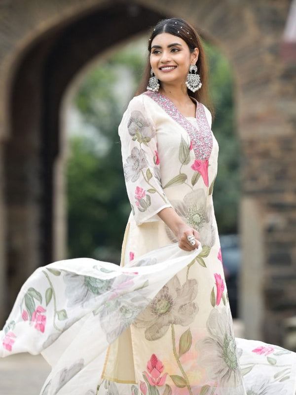 Women's Georgette Printed & Embroidered Kurta with Roman Silk Pant & Printed Dupatta Set