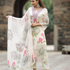 Women's Georgette Printed & Embroidered Kurta with Roman Silk Pant & Printed Dupatta Set