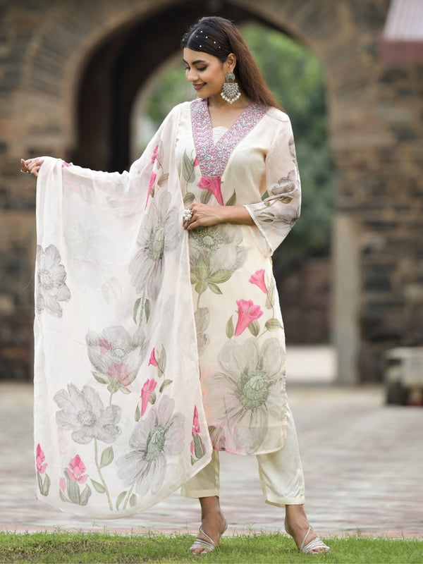 Women's Georgette Printed & Embroidered Kurta with Roman Silk Pant & Printed Dupatta Set