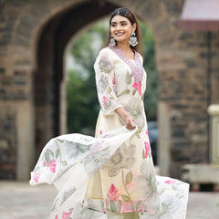 Women's Georgette Printed & Embroidered Kurta with Roman Silk Pant & Printed Dupatta Set