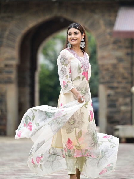 Women's Georgette Printed & Embroidered Kurta with Roman Silk Pant & Printed Dupatta Set