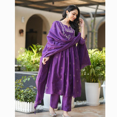 Women's Rayon Slub Flared Embroidered Kurta with Pant & Chanderi Cotton Hand Printed Dupatta Set