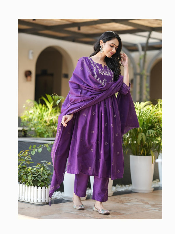 Women's Rayon Slub Flared Embroidered Kurta with Pant & Chanderi Cotton Hand Printed Dupatta Set