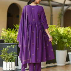 Women's Rayon Slub Flared Embroidered Kurta with Pant & Chanderi Cotton Hand Printed Dupatta Set
