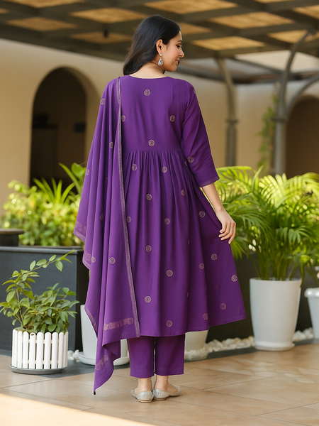 Women's Rayon Slub Flared Embroidered Kurta with Pant & Chanderi Cotton Hand Printed Dupatta Set