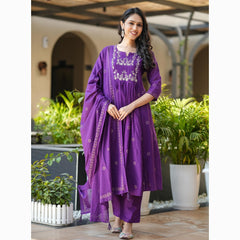 Women's Rayon Slub Flared Embroidered Kurta with Pant & Chanderi Cotton Hand Printed Dupatta Set