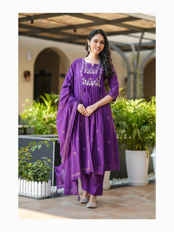 Women's Rayon Slub Flared Embroidered Kurta with Pant & Chanderi Cotton Hand Printed Dupatta Set